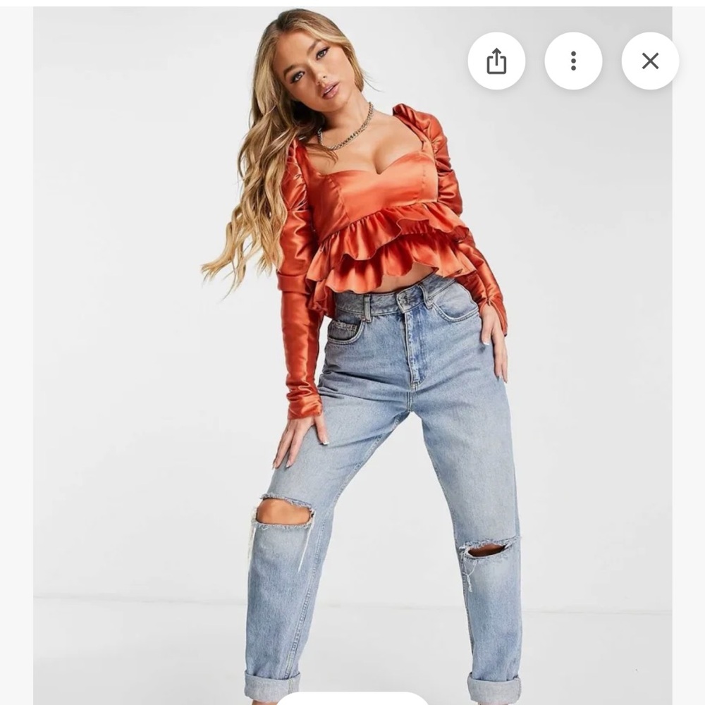 Asos Luxe Satin Babydoll Blouse Ruffle Blouson Sleeve Cinnamon Long Size 6 NWT - Picture 2 of 12